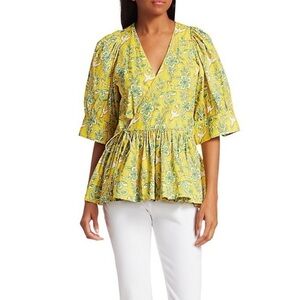 Rhode Ava Floral V Neck Short Sleeve Wrap Top Yellow Cotton Printed Casual